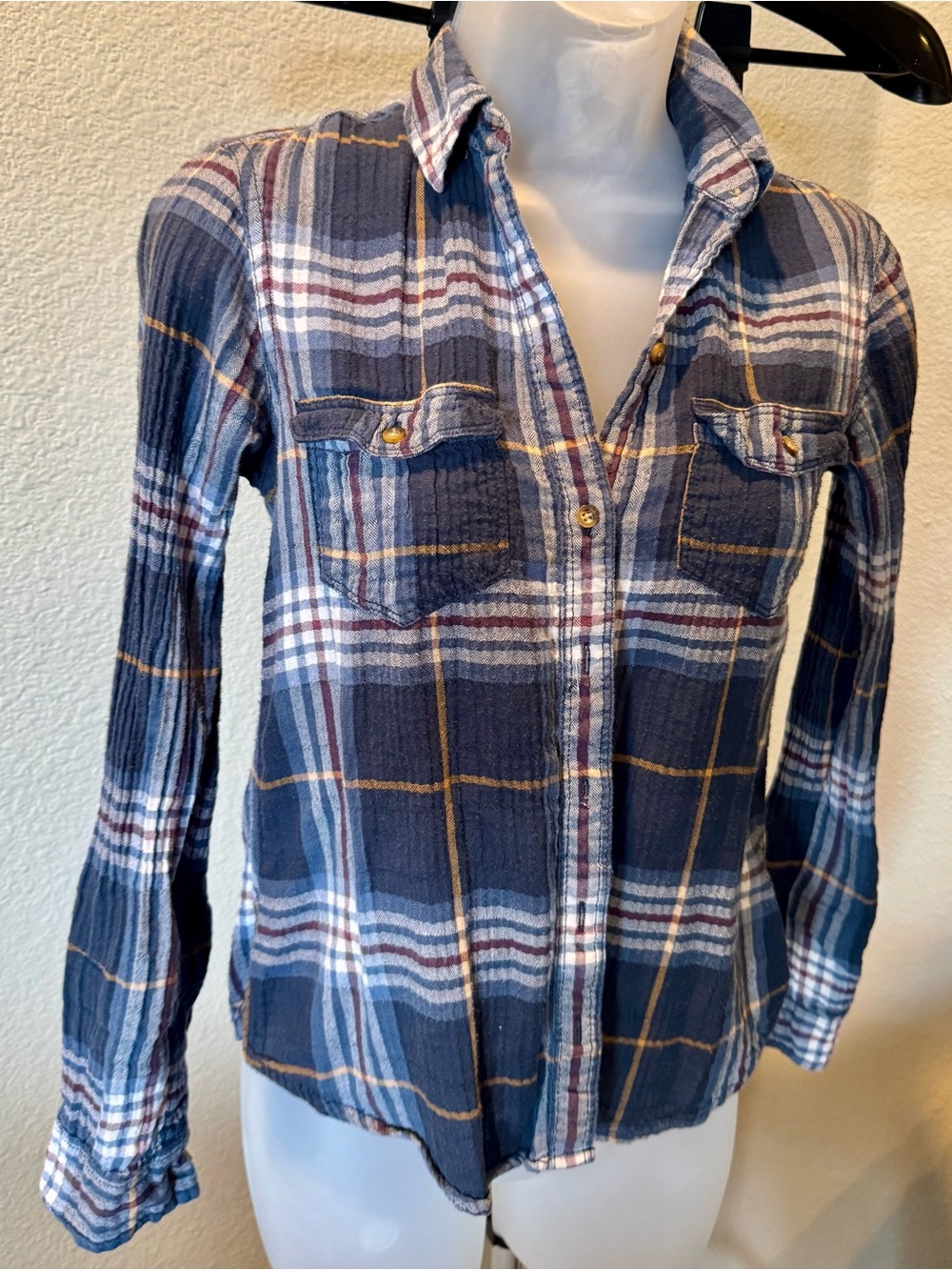 Abercrombie & Fitch Navy Plaid Button-Down Shirt with White and Gold Stripes